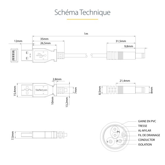 StarTech.com Câble d'alimentation USB vers connecteur annulaire de type N - Cordon CC USB vers 5,5 mm 5 V - 1 m - Câble d'alimentation - USB (alimentation uniquement) (M) pour DC jack de 5,5 x 2,5 mm (M) - 1 m - moulé - noir - pour P/N: HDBOOST