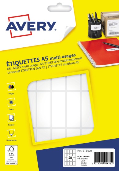 1 448 étiquettes multi, usages AVERY 48,5x18,5 mm, blanc