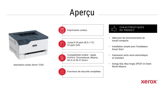Xerox C230 Imprimante recto verso sans fil A4 22 ppm, PS3 PCL5e/6, 2 magasins Total 251 feuilles