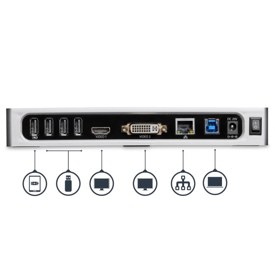 StarTech.com Station d'accueil USB 3.0 double affichage pour PC portable - Réplicateur de port - USB 3.0, GbE, HDMI et DVI / VGA (DK30ADD) - Station d'accueil - USB - DVI, HDMI - 1GbE - pour P/N: DK30A2DH, SVA20N2NEUA
