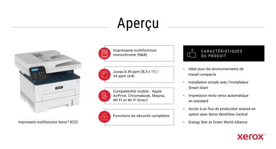 Xerox B225 copie/impression/numérisation recto verso sans fil A4, 34 ppm, PS3 PCL5e/6, chargeur automatique de documents, 2 magasins, total 251 feuilles