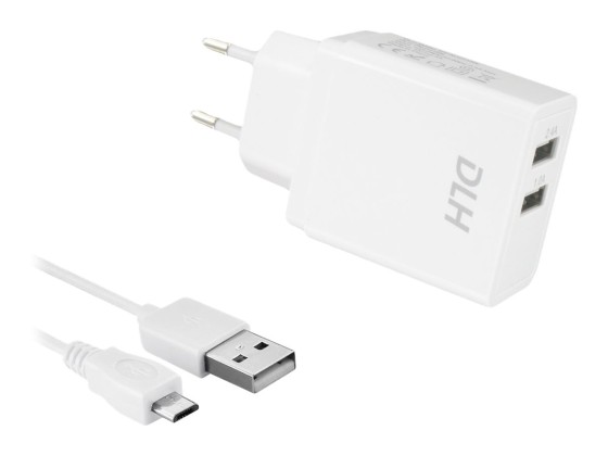DLH DY-AU2550W - Adaptateur secteur - 12 Watt - 2.4 A - 2 connecteurs de sortie (USB) - sur le câble : Micro-USB - blanc