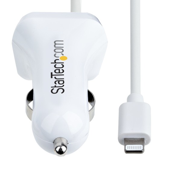 StarTech.com Chargeur Voiture Lightning avec Câble Spiralé de 1m - Blanc - Adaptateur d'alimentation pour voiture - 12 Watt - 4.2 A - 2 connecteurs de sortie (USB, Lightning) - blanc