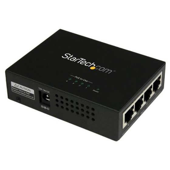 StarTech.com Injecteur PoE+ à 4 ports Gigabit - Midspan Power over Ethernet à fixation murale - 802.3at/af - Injecteur de puissance - CA 100-240 V - 120 Watt - connecteurs de sortie : 4 - noir - pour P/N: POEEXT1GAT, POEEXT2GAT, ST12MHDLANU
