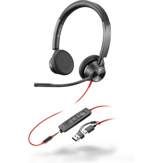 HP Poly Blackwire 3325 Stereo USB-C Headset +3.5mm Plug +USB-C/A Adapter