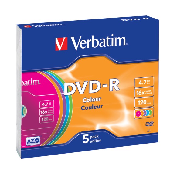 DVD-R/4.7GB 16xspd Colour 5pk SlimCase