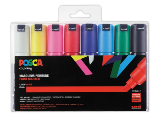 1 Lot de 8 Marqueurs peinture UNI BALL Posca PC8K- Pointe biseau - Assortis