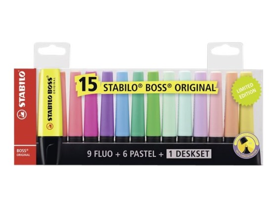 1 Lot de 15 Surligneurs STABILO Boss Original + support de bureau
