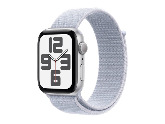 Apple Watch SE (GPS) - 2e génération - 44 mm - aluminium argenté - montre intelligente avec boucle sport - deux couches de matières textiles tissées - nuage bleu - taille du poignet : 130-200 mm - 32 Go - Wi-Fi 4, Bluetooth - 32.9 g