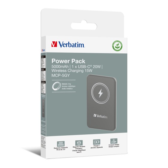 Verbatim Charge 'n' Go Lithium Polymère (LiPo) 5000 mAh Recharge sans fil Gris