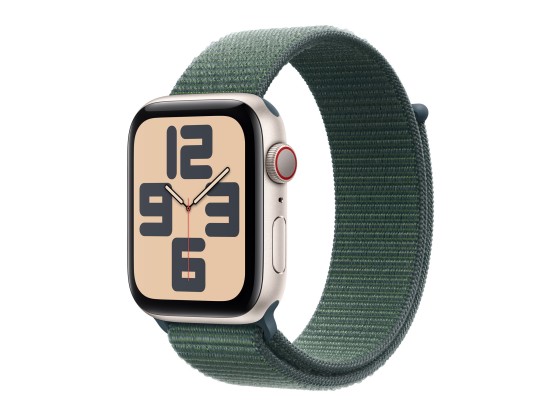Apple Watch SE (GPS + Cellular) - 2e génération - 44 mm - aluminium droit - montre intelligente avec boucle sport - deux couches de matières textiles tissées - vert lac - taille du poignet : 130-200 mm - 32 Go - LTE, Wi-Fi 4, Bluetooth - 4G - 33 g