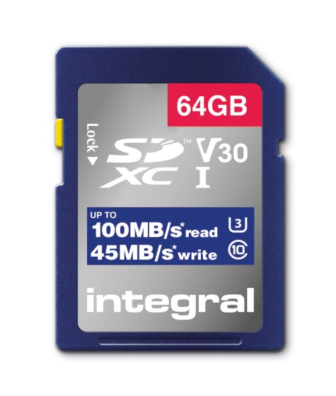 Integral - Carte mémoire flash - 64 Go - Video Class V30 / UHS-I U3 / Class10 - SDXC UHS-I