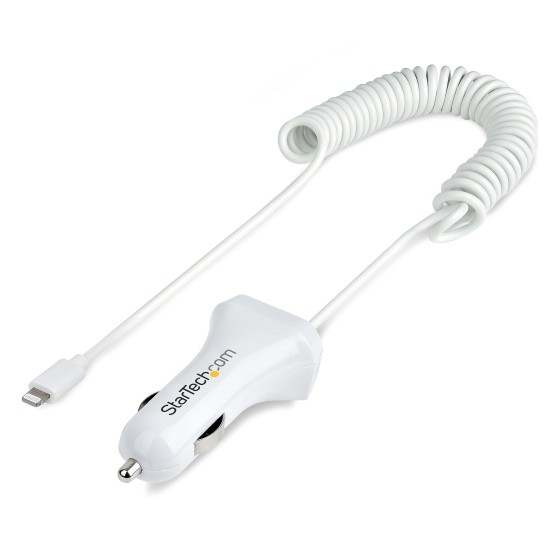StarTech.com Chargeur Voiture Lightning avec Câble Spiralé de 1m - Blanc - Adaptateur d'alimentation pour voiture - 12 Watt - 4.2 A - 2 connecteurs de sortie (USB, Lightning) - blanc