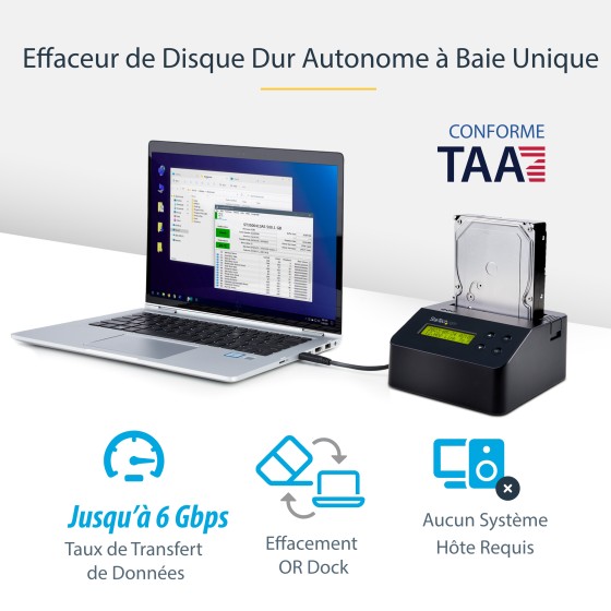 StarTech.com Effaceur de disque dur SATA 2,5"/3,5" avec fonctionnalité de station d'accueil - Autonome avec support pour 4Kn (SDOCK1EU3P2) - Effaceur de disque dur - 2.5" / 3.5" - SATA 6Gb/s - noir - pour P/N: SVA12M5NA