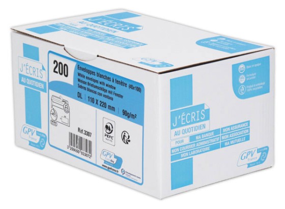 1 Boite de 200 Enveloppes bande siliconée blanches 110x220 mm avec fenêtre 45x100 90g