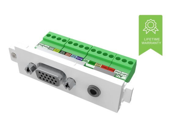 Module VGA et Minijack - prise VGA femelle 15 broches et prise minijack pour audio à l'avant - connecteurs phoenix à fils nus à l'arrière - convient aux câbles vision pré-terminés - s'intègre dans les entourages Techconnect - plastique - blanc