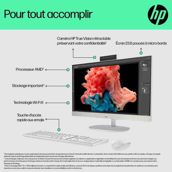 Tout-en-un - Ryzen 5 7520U / jusqu'à 4.3 GHz - RAM 16 Go - SSD 512 Go - NVMe - Radeon 610M - Gigabit Ethernet, Bluetooth 5.3, IEEE 802.11ax (Wi-Fi 6) LAN sans fil: - 802.11a/b/g/n/ac/ax, Bluetooth 5.3 - Win 11 Home - moniteur : LED 23.8" 1920 x 1080 (Full