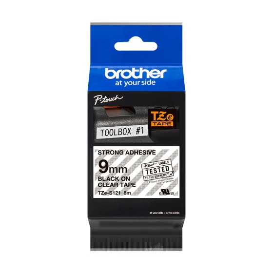 BROTHER P-TOUCH TZE-S121 noir sur clear 9mm extra gluey