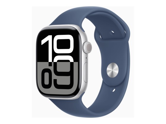 Apple Watch Series 10 (GPS) - 46 mm - aluminium argenté - montre intelligente avec bande sport - fluoroélastomère - denim - taille du bracelet : M/L - 64 Go - Wi-Fi 4, UWB, Bluetooth - 36.4 g