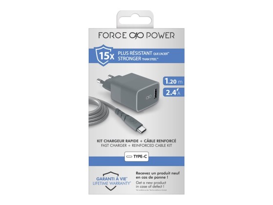 Force Power - Adaptateur secteur - 100 % de plastique recyclé - 3 A - Smart IC, Fast Charge (USB) - sur le câble : USB-C - gris