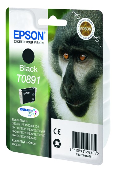 Epson T0891 - Noir - original - emballage coque avec alarme radioélectrique/ acoustique - cartouche d'encre - pour Stylus S21, SX110, SX115, SX210, SX215, SX218, SX400, SX410, SX415, Stylus Office BX300