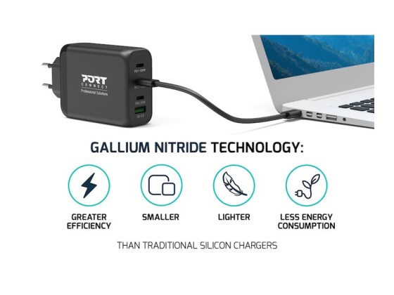 PORT Connect - Adaptateur secteur - GaN - 130 Watt - 5 A - PD, QC 3.0 - 4 connecteurs de sortie (USB type A, 3 x USB-C) - sur le câble : USB-C - Europe