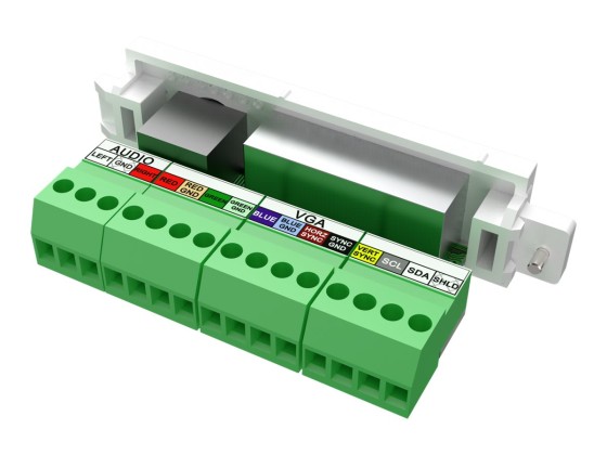 Module VGA et Minijack - prise VGA femelle 15 broches et prise minijack pour audio à l'avant - connecteurs phoenix à fils nus à l'arrière - convient aux câbles vision pré-terminés - s'intègre dans les entourages Techconnect - plastique - blanc