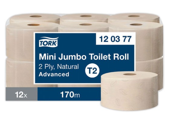 1 Carton de 12 PAPIER TOILETTE NATUREL MINI JUMBO TORK ADVANCED T2