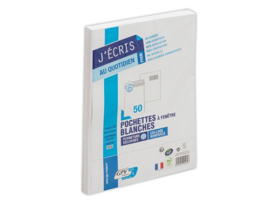 1 Lot de 50 Pochettes blanches bande siliconée 229x324 mm avec fenêtre 50x100 90g