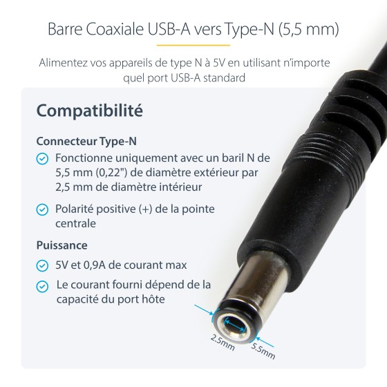 StarTech.com Câble d'alimentation USB vers connecteur annulaire de type N - Cordon CC USB vers 5,5 mm 5 V - 1 m - Câble d'alimentation - USB (alimentation uniquement) (M) pour DC jack de 5,5 x 2,5 mm (M) - 1 m - moulé - noir - pour P/N: HDBOOST