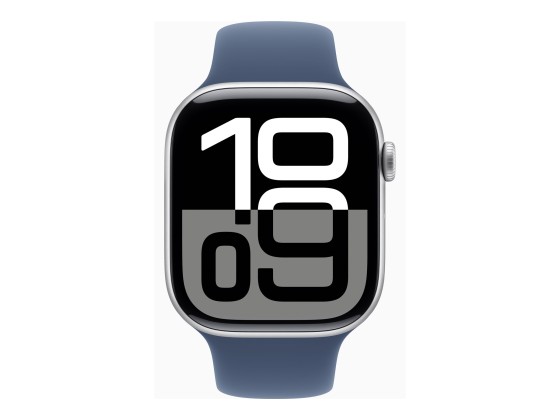Apple Watch Series 10 (GPS) - 46 mm - aluminium argenté - montre intelligente avec bande sport - fluoroélastomère - denim - taille du bracelet : M/L - 64 Go - Wi-Fi 4, UWB, Bluetooth - 36.4 g
