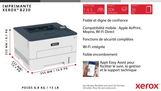 Xerox B230 - Imprimante - Noir et blanc - laser - Legal/A4 - 600 x 600 ppp - jusqu'à 34 ppm - capacité : 250 feuilles - USB 2.0, LAN, Wi-Fi(n), hôte USB 2.0 - programme de retours Green World Alliance