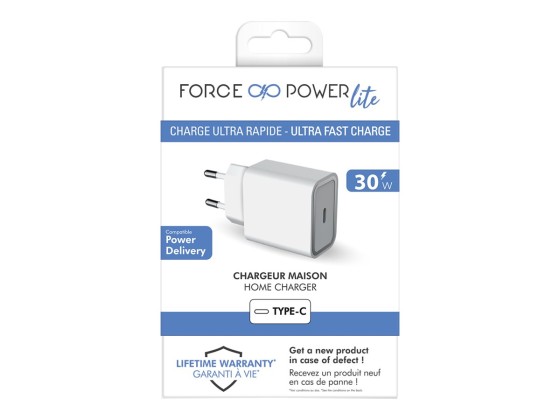Force Power Lite - Adaptateur secteur - 100 % plastique recyclé, garantie à vie - 30 Watt - PD (24 pin USB-C) - blanc