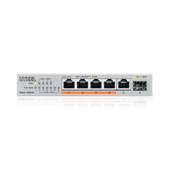 Zyxel XMG-100 Series XMG-105HP - Commutateur - non géré - non géré - 5 x 100/1000/2.5G (PoE++) + 1 x Gigabit SFP / 10 Gigabit SFP+ - de bureau, fixation murale - PoE++ (70 W)