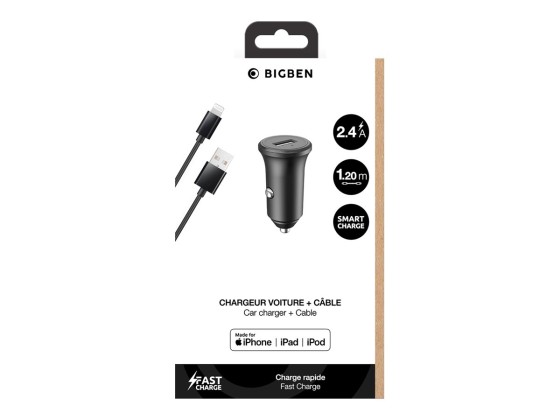 BIGBEN Connected - Adaptateur d'alimentation pour voiture - 2.4 A - Fast Charge (USB) - sur le câble : Lightning - noir