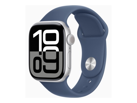 Apple Watch Series 10 (GPS) - 42 mm - aluminium argenté - montre intelligente avec bande sport - fluoroélastomère - denim - taille du bracelet : S/M - 64 Go - Wi-Fi 4, Bluetooth, UWB - 30 g