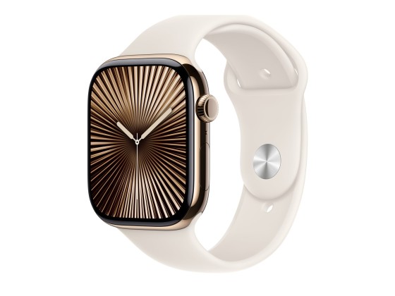 Apple Watch Series 10 (GPS + Cellular) - 46 mm - titane doré - montre intelligente avec bande sport - fluoroélastomère - droit - taille du bracelet : S/M - 64 Go - LTE, Wi-Fi 4, UWB, Bluetooth - 4G - 41.7 g