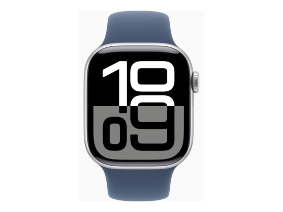 Apple Watch Series 10 (GPS) - 42 mm - aluminium argenté - montre intelligente avec bande sport - fluoroélastomère - denim - taille du bracelet : S/M - 64 Go - Wi-Fi 4, Bluetooth, UWB - 30 g