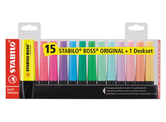 1 Lot de 15 Surligneurs STABILO Boss Original + support de bureau