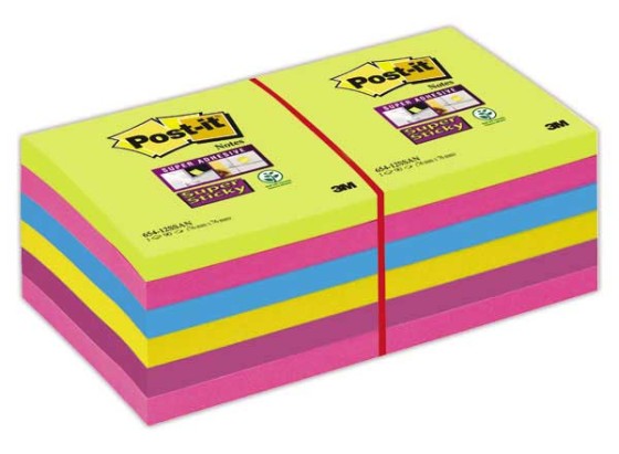 1 Lot de 12 Notes repositionnables Super Sticky 76x76mm, assortis néon, 90 f.