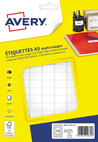 1 1792 étiquettes multi, usages AVERY 12x18,3 mm, blanc
