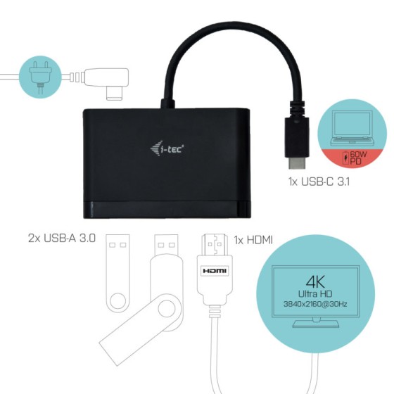 I-TEC USB-C HDMI and USB Adapter with Power Delivery 1xHDMI 4K 2xUSB 3.0 Port 1xUSB-C Power Delivery/Dataport compatible with TB3