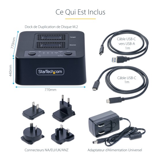 StarTech.com Duplicateur de Disque M.2 NVMe 1:1, Clonage/Copie Autonome de SSD M.2 Jusqu'à 90Go/min, Station d'Accueil de Disque Dur M.2 USB 3.2 20 Gbps à Deux Baies, Câbles USB-C/A Inclus