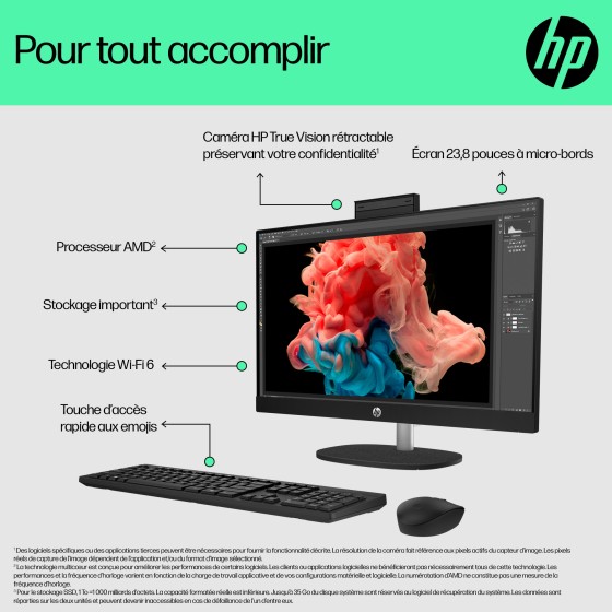 Tout-en-un - Ryzen 5 7520U / jusqu'à 4.3 GHz - RAM 16 Go - SSD 512 Go - NVMe - Radeon 610M - Gigabit Ethernet, Bluetooth 5.3, IEEE 802.11ax (Wi-Fi 6) LAN sans fil: - 802.11a/b/g/n/ac/ax, Bluetooth 5.3 - Win 11 Home - moniteur : LED 23.8" 1920 x 1080 (Full
