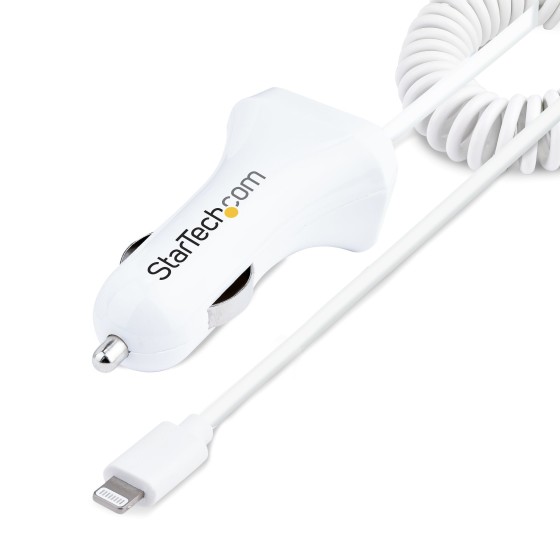 StarTech.com Chargeur Voiture Lightning avec Câble Spiralé de 1m - Blanc - Adaptateur d'alimentation pour voiture - 12 Watt - 4.2 A - 2 connecteurs de sortie (USB, Lightning) - blanc