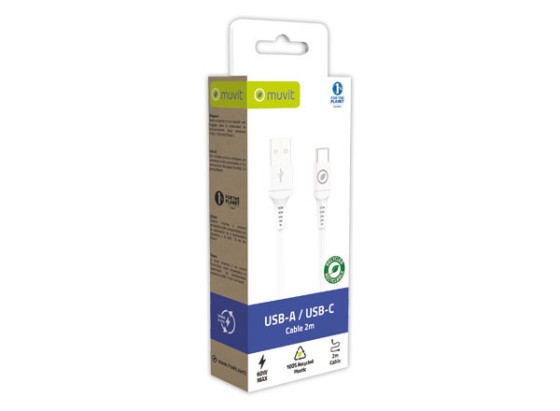 1 Câble de charge USB-A/USB-C en plastique recyclé 2 m - Blanc