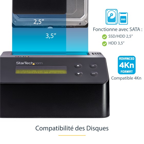 StarTech.com Effaceur de disque dur SATA 2,5"/3,5" avec fonctionnalité de station d'accueil - Autonome avec support pour 4Kn (SDOCK1EU3P2) - Effaceur de disque dur - 2.5" / 3.5" - SATA 6Gb/s - noir - pour P/N: SVA12M5NA