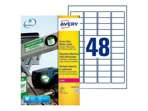 1 Étiquettes inaltérables laser AVERY 45,7x21,2mm 960 étiq/boîte