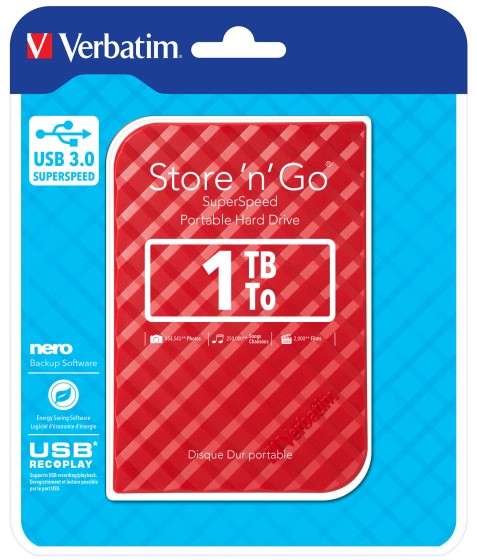 Verbatim Store 'n' Go - Disque dur - 1 To - externe (portable) - USB 3.0 - 5400 tours/min - rouge