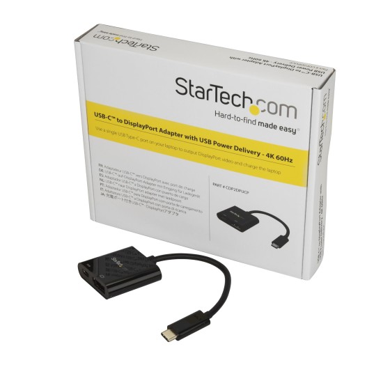 StarTech.com Adaptateur USB-C vers DisplayPort - USB Power Delivery - 4K - Adaptateur DisplayPort - 24 pin USB-C (M) pour DisplayPort, USB-C (alimentation uniquement) (F) - Displayport 1.2/Thunderbolt 3 - USB Power Delivery (60W), support 4K60Hz (4096 x 2